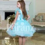 Tea-length sky blue soft and lightweight tulle skirt party dress for girls back side view