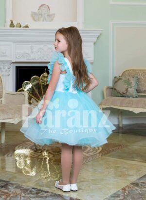 Tea-length sky blue soft and lightweight tulle skirt party dress for girls back side view