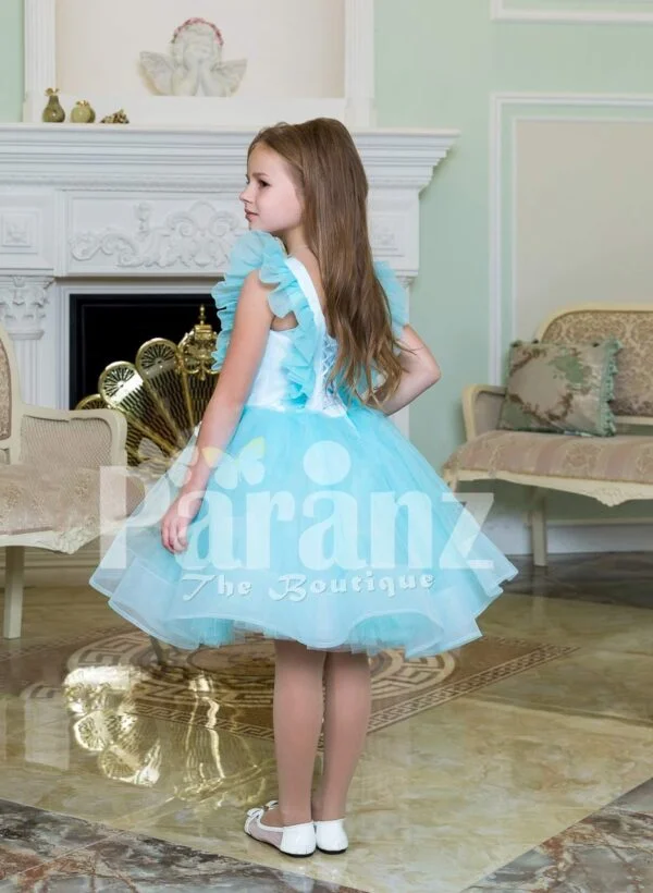 Tea-length sky blue soft and lightweight tulle skirt party dress for girls back side view