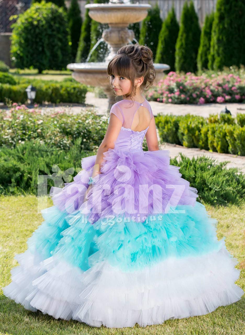 Full sleeve sky blue rich satin-sheer bodice baby party gown with
