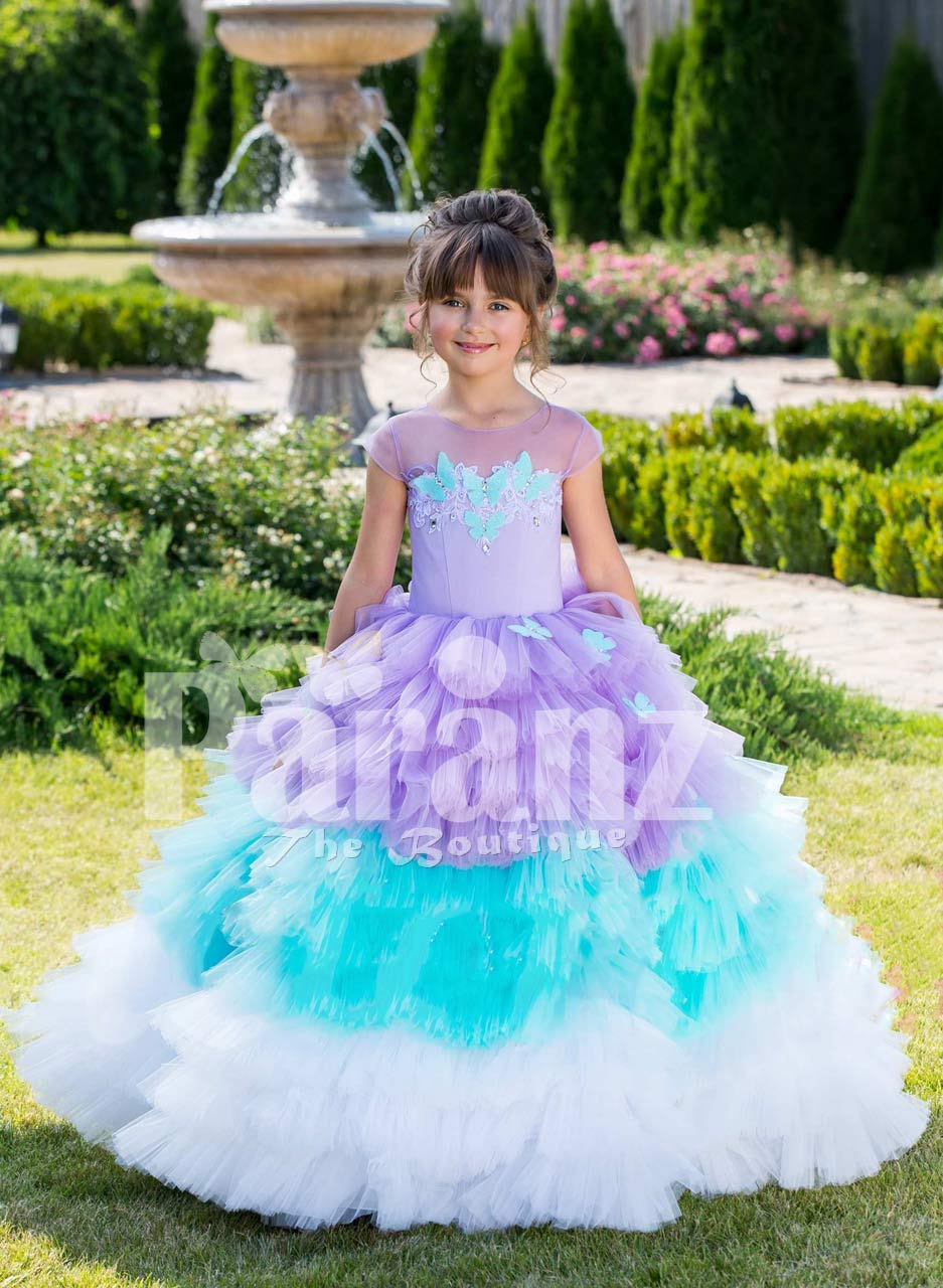 Full sleeve sky blue rich satin-sheer bodice baby party gown with