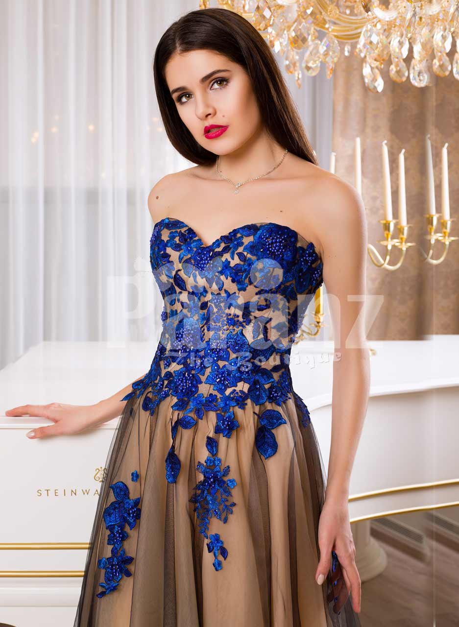 Floral-applique Long Prom Dress with Sheer Bodice Gold / Medium