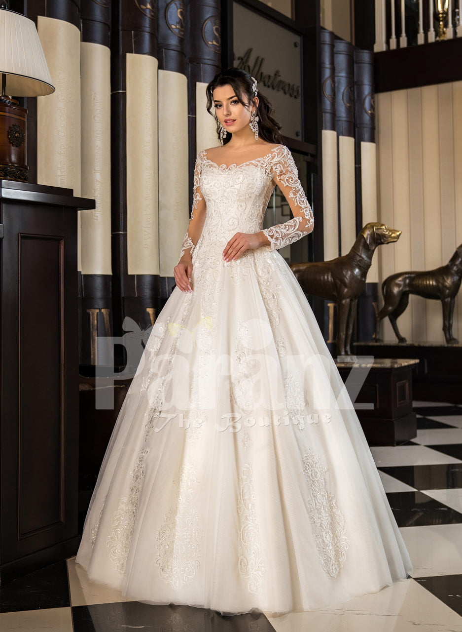 super lacy pearl white tulle wedding gown