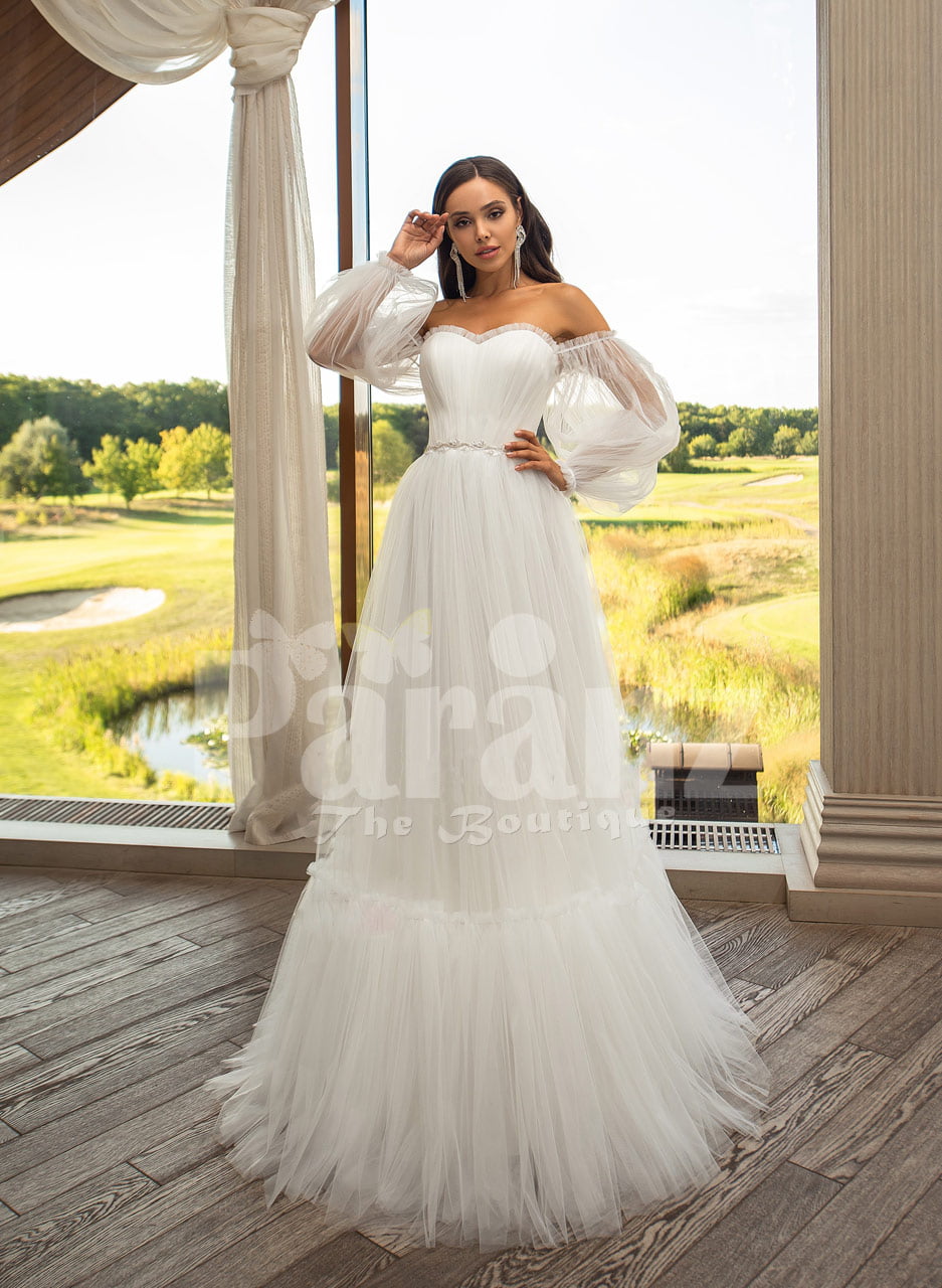 Long Off Shoulder A-line Floral White Wedding Dress with Bell Sleeves –  FancyVestido