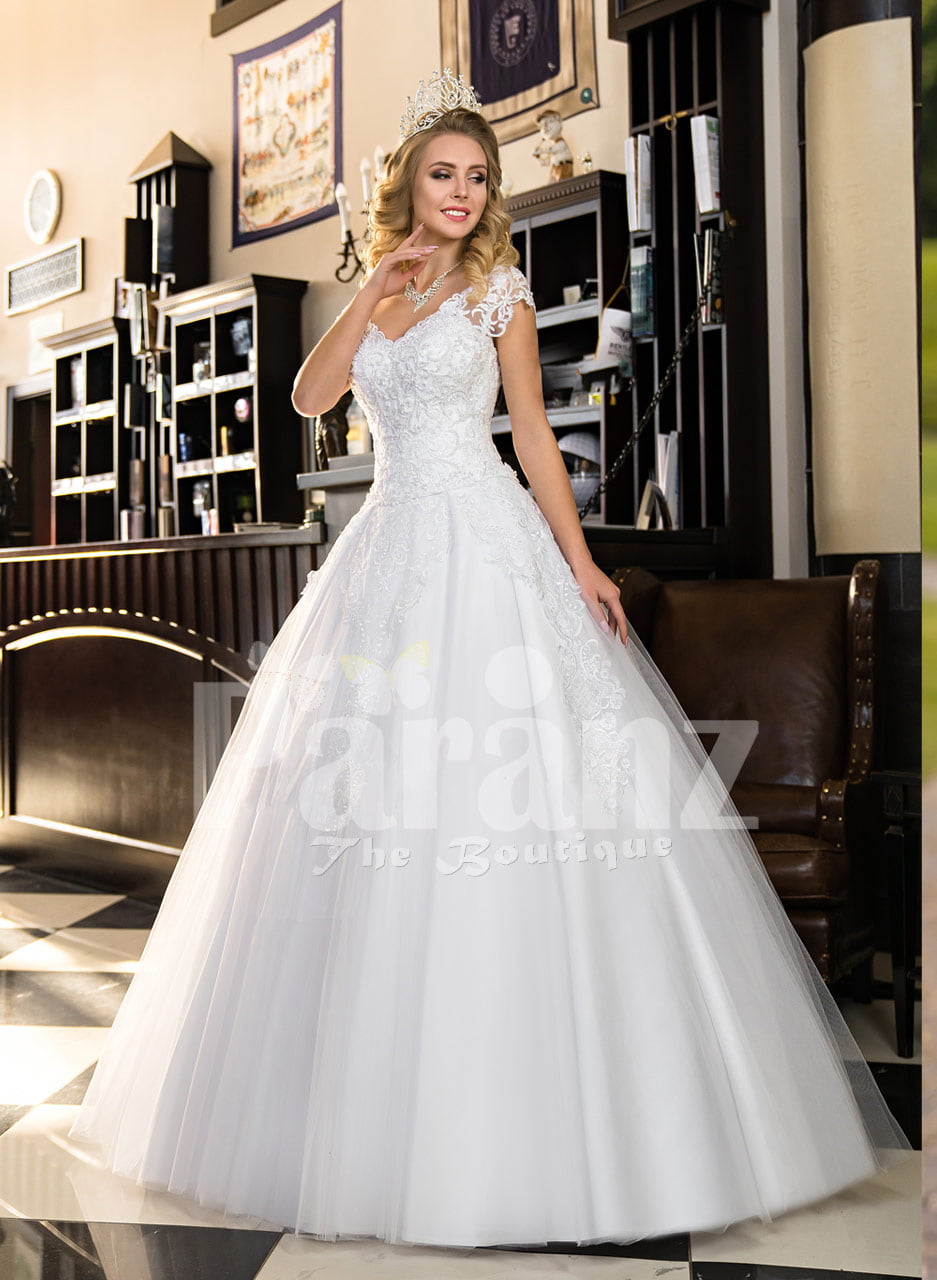 Women's all white super glam wedding tulle gown with elegant lacy bodice