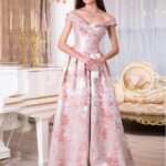 Women Bright metal pink evening satin gown with pink rosette designs all over