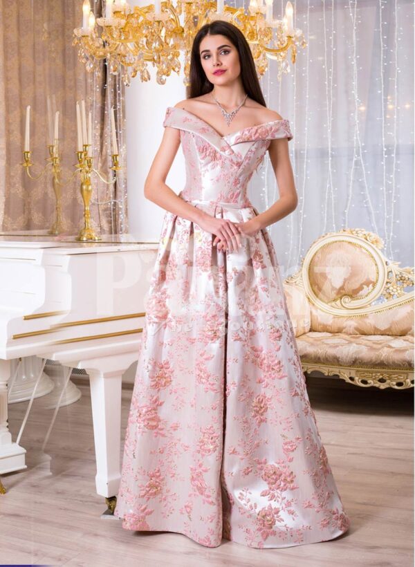 Women Bright metal pink evening satin gown with pink rosette designs all over