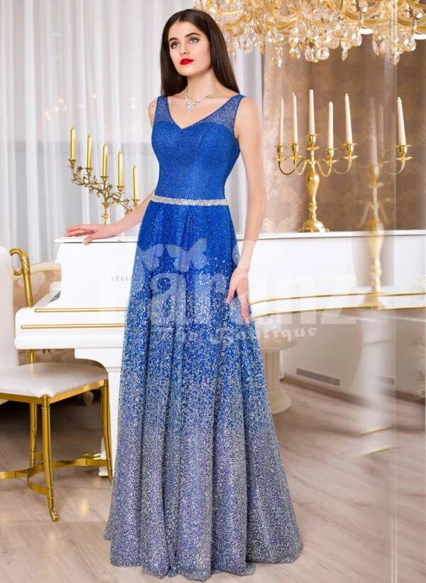 Women sleeveless glitz blue floor length satin skirt with high volume tulle skirt underneath