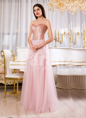 Women super glam evening gown with silver sequin bodice with pink tulle skirt