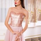 Women super glam evening gown with silver sequin bodice with pink tulle skirt close view