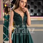 Womens Super Pigmented Green Smooth Satin Evening Gown with Sleeveless Glitz Bodice