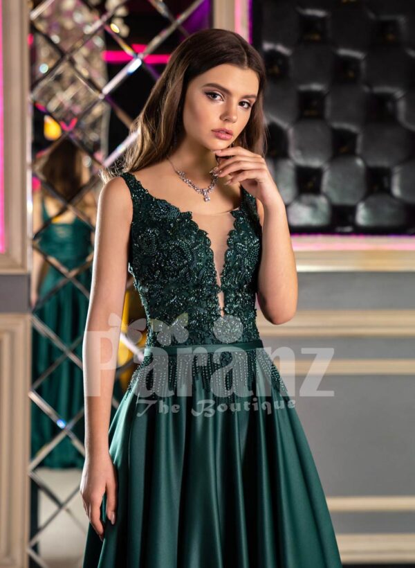 Womens Super Pigmented Green Smooth Satin Evening Gown with Sleeveless Glitz Bodice