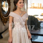 Womens amazing side slit off-shoulder beige glitz wedding gown