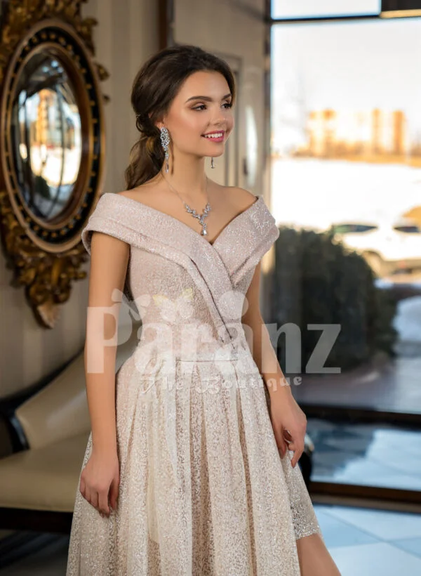 Womens amazing side slit off-shoulder beige glitz wedding gown