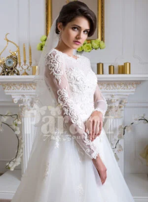 Womens beautiful full sleeve floor length tulle skirt wedding gown in white