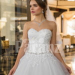 Womens beautiful off-shoulder pearl white tulle wedding gown with floral bodice