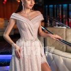 Womens beautiful off-shoulder side slit party gown with off-shoulder bodice in beige