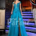 Womens beautiful side slit tulle gown with off shoulder rhinestone work bodice