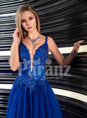 Womens blue soft and lightweight side slit tulle skirt gown with rhinestone studded bodice