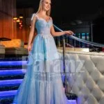 Womens bold floor length tulle skirt evening gown with sleeveless rhinestone studded bodice