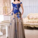 Womens brown-grey floor length tulle skirt evening gown with bright floral appliquéd bodice