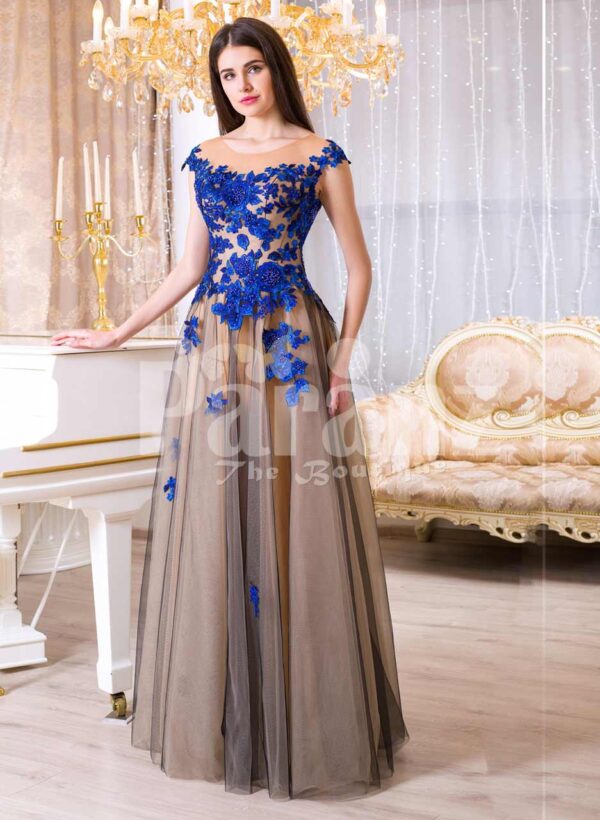 Womens brown-grey floor length tulle skirt evening gown with bright floral appliquéd bodice