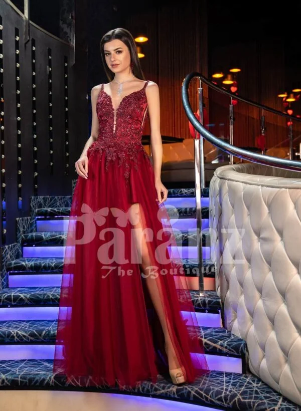 Womens deep maroon floor length evening gown with side slit tulle skirt and sleeveless bodice