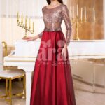 Womens elegant and glam evening gown with rose beige bodice and smooth satin red skirt