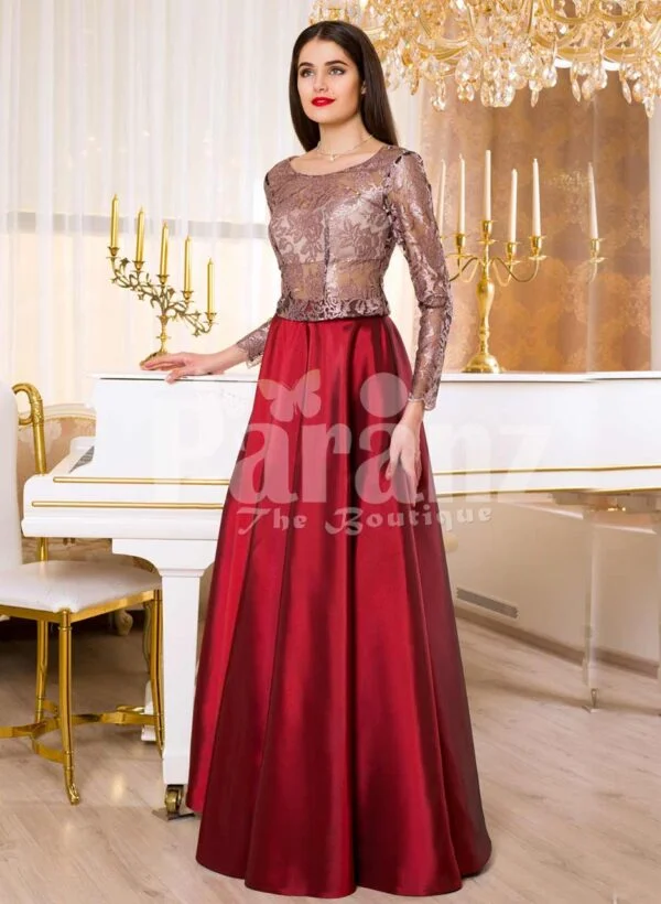 Womens elegant and glam evening gown with rose beige bodice and smooth satin red skirt