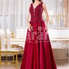 Womens elegant maroon floor length evening gown with tulle skirt and royal bodice