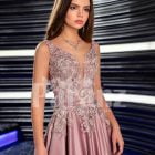 Womens elegant metal pink evening gown with satin skirt and floral appliquéd bodice