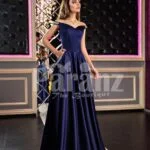 Womens elegant navy blue smooth satin evening gown with off-shoulder bodice