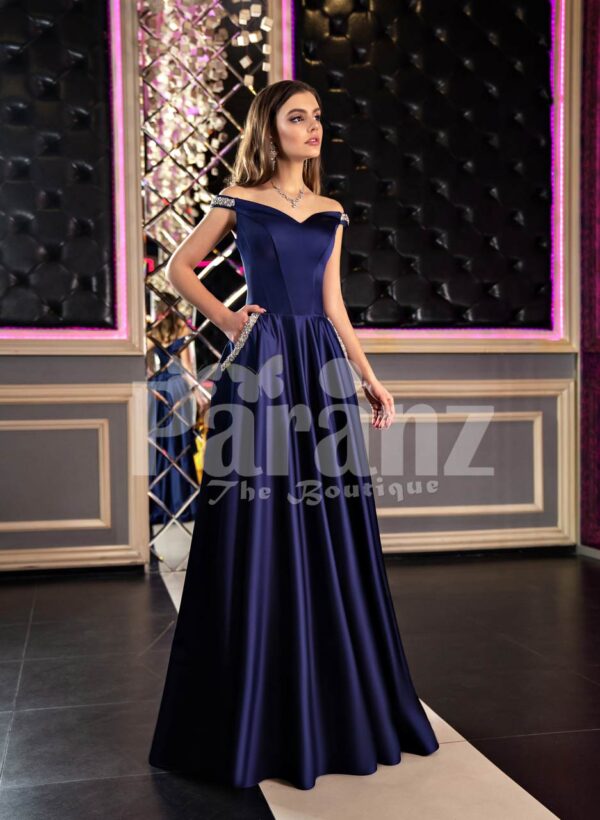 Womens elegant navy blue smooth satin evening gown with off-shoulder bodice