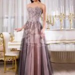 Womens elegant off-shoulder evening gown with long tulle skirt and rich appliquéd bodice