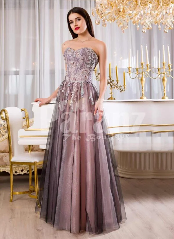 Womens elegant off-shoulder evening gown with long tulle skirt and rich appliquéd bodice