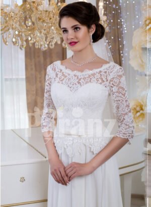 Womens elegant white lacy bodice floor length tulle skirt wedding gown