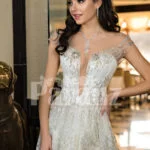 Womens exciting off-shoulder side slit wedding tulle gown in glitz white