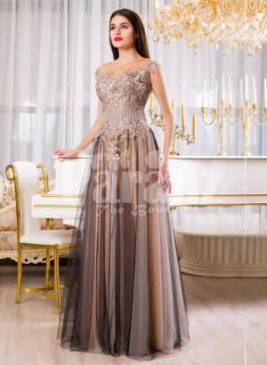 Womens exclusive evening gown with rich royal appliquéd bodice with floor length tulle skirt