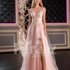 Womens fairy princess style side slit satin-tulle evening gown in pink