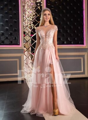 Womens fairy princess style side slit satin-tulle evening gown in pink