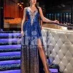 Womens floor length glitz evening gown with side slit skirt and elegant bodice