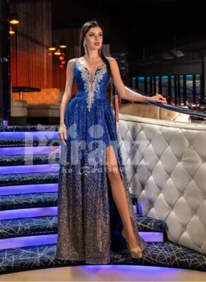 Womens floor length glitz evening gown with side slit skirt and elegant bodice