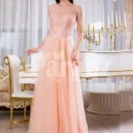 Womens floor length tulle skirt evening gown with appliquéd bodice in peach hue