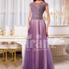 Womens floor length tulle skirt evening gown with royal rhinestone studded bodice in mauve