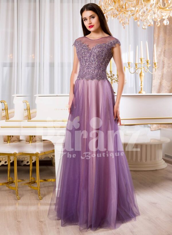 Womens floor length tulle skirt evening gown with royal rhinestone studded bodice in mauve