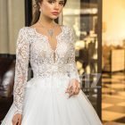 Womens full sleeve glam lacy bodice and tulle skirt floor length wedding gown