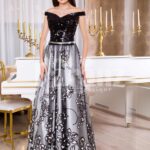 Womens glam black bodice floor length evening gown with silver tulle skirt