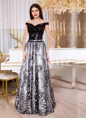 Womens glam black bodice floor length evening gown with silver tulle skirt