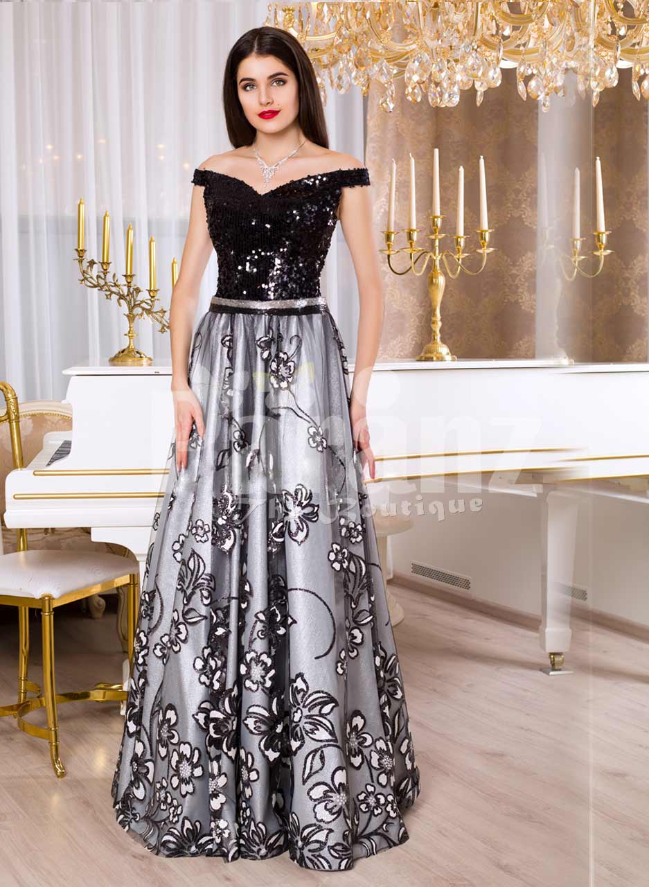 Women's glam black bodice floor length evening gown with silver tulle skirt