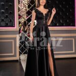 Womens glam black rich satin evening party gown with side slit skirt and lacy bodice